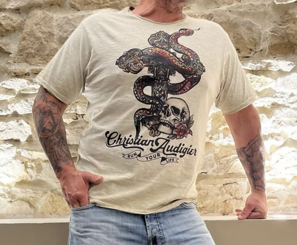 T-shirt homme Christian Audigier coton slub col rond beige