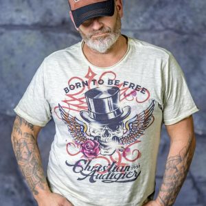 T-Shirt homme Christian Audigier avec un col rond beige 100% coton vue de face tête de mort